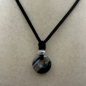 Black and Silver Agate Donut Pendant Necklace